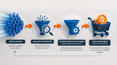 flujo-estrategico-seo-ecommerce-rentable Diagrama de flujo que muestra cómo el SEO estratégico para tiendas online filtra el tráfico para maximizar la rentabilidad.