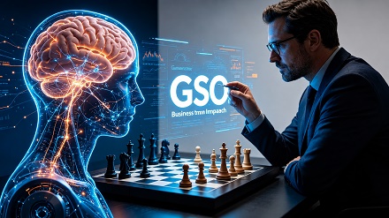 Una estratega visualizando el futuro del GSO y su impacto en el negocio a través de la inteligencia artificial.