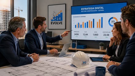 Reunión de directivos de empresa constructora analizando estrategia digital en proyecto de edificación en España.