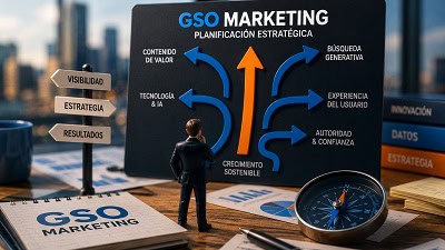 plan-de-accion-gso-marketing Un empresario de juguete mira un tablero con flechas que apuntan en diferentes direcciones, simbolizando la planificación estratégica y la toma de decisiones en GSO Marketing.