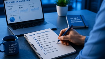 El Camino al Éxito Tu Checklist de Marketing para Emprendedores Un emprendedor marcando tareas completadas en un checklist de marketing digital.
