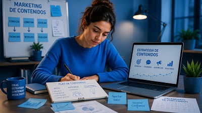 Planificando el Éxito Marketing de Contenidos para Emprendedores Una emprendedora planificando su estrategia de marketing de contenidos en una libreta.