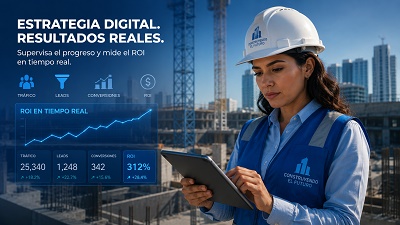 agencia-marketing-constructoras-estrategia-digital Directiva de constructora revisando el ROI de su estrategia digital con una agencia de marketing para constructoras.