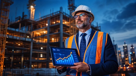 Directivo de constructora en una obra, revisando el crecimiento de proyectos en una tablet, resultado de la colaboración con una agencia de marketing para constructoras.
