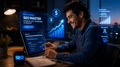 beneficios-curso-seo-online-latam Emprendedor aprendiendo SEO online y logrando éxito para su negocio.