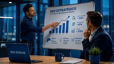 consultor-seo-estrategico-analizando-kpis-de-negocio Un consultor SEO estratégico señala un gráfico de crecimiento en una pizarra a un director de empresa, demostrando la alineación del SEO con los objetivos de negocio.