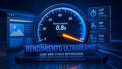 core-web-vitals-seo-saas Un velocímetro digital mostrando una carga web ultrarrápida, simbolizando la importancia de las Core Web Vitals para el SEO de una empresa SaaS.