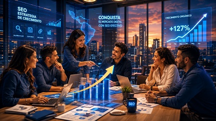 Equipo de emprendedores latinoamericanos discutiendo estrategia de crecimiento con gráficos de SEO.