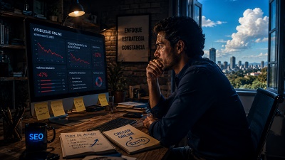 dolores-seo-pymes-latam-visibilidad Emprendedor latinoamericano lidiando con desafíos de visibilidad online.