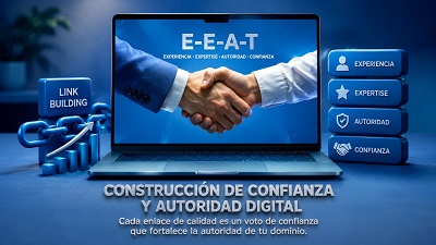 e-e-a-t-link-building-saas Dos manos dándose un apretón a través de una pantalla, simbolizando la confianza y autoridad digital (E-E-A-T) construida a través del link building.