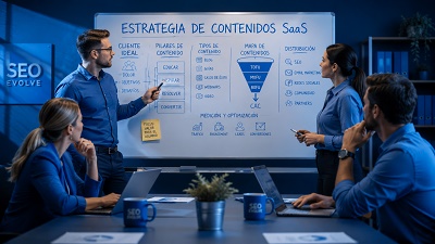 estrategia-contenidos-seo-saas Un equipo directivo debatiendo una estrategia de marketing de contenidos para SaaS frente a una pizarra.