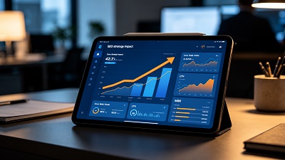 estrategia-seo-con-ia-rendimiento-tecnico Dashboard mostrando el impacto de una estrategia SEO con IA en el rendimiento del negocio.