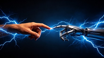 Una mano humana toca el dedo de una mano robótica, simbolizando la colaboración en una estrategia SEO con IA.