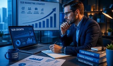 Emprendedor analizando gráficos de crecimiento digital para su negocio B2B, destacando la estrategia de marketing para emprendedores.