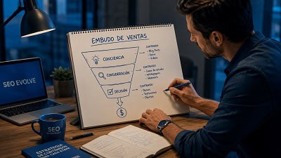 optimizacion-embudo-de-ventas-con-seo-estrategico Un consultor SEO estratégico analiza un diagrama del embudo de ventas para identificar oportunidades de contenido en las fases de conciencia, consideración y decisión.