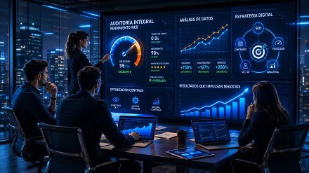 Análisis estratégico de rendimiento web para negocios B2B, mostrando gráficos de velocidad y crecimiento.