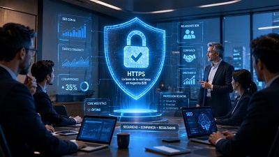 seguridad-https-confianza-b2b-seo Candado de seguridad digital protegiendo datos en un entorno de negocios B2B, un pilar de la estrategia SEO con IA.