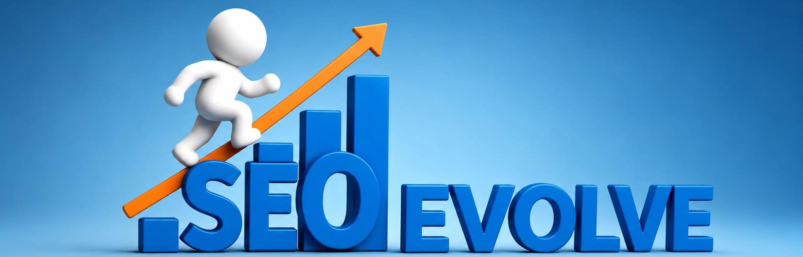 Gráfico 3D del logo de SEO Evolve con una figura escalando una flecha de crecimiento, simbolizando la evolución y la estrategia en el posicionamiento web.