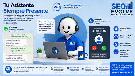 Ilustración del asistente de atención al cliente que responde mensajes WhatsApp y llamadas como si fuera el dueño del negocio, incluido en el servicio de SEO en España.