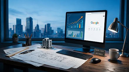 Directivo revisando planos de construcción y gráficos de crecimiento web en ordenador.
