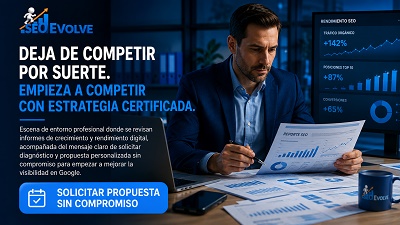 solicitar-propuesta-posicionamiento-google-certificado Profesional revisando informe de crecimiento y resultados SEO con botón solicitar propuesta sin compromiso